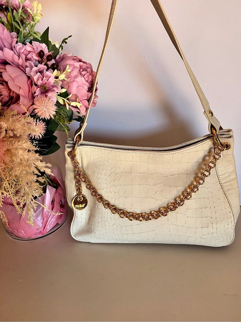 Perlina Crocodile-Textured Shoulder Bag in Cream